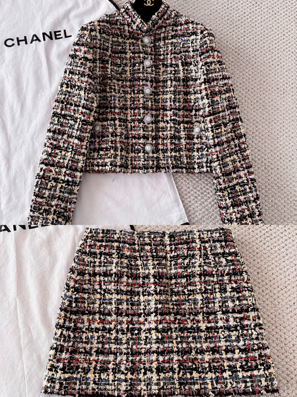 Women's 26SS Round Neck Button-up Tweed Short Coat Jacket Short Skirt Set Suit #194252