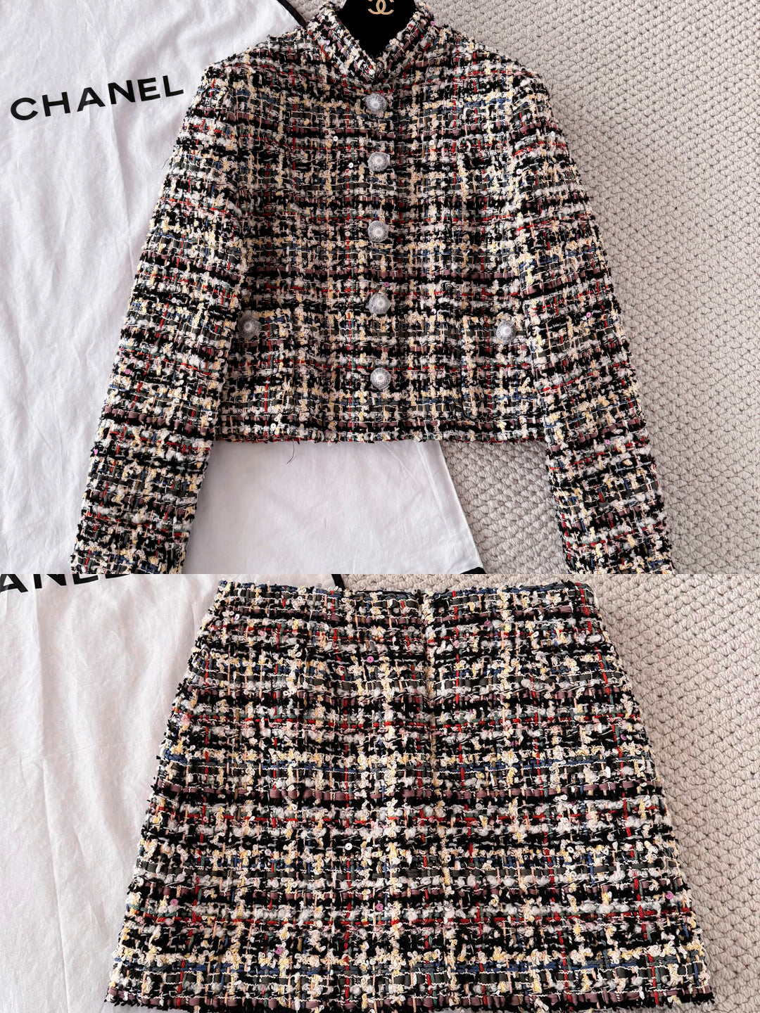 Women's 26SS Round Neck Button-up Tweed Short Coat Jacket Short Skirt Set Suit #194252