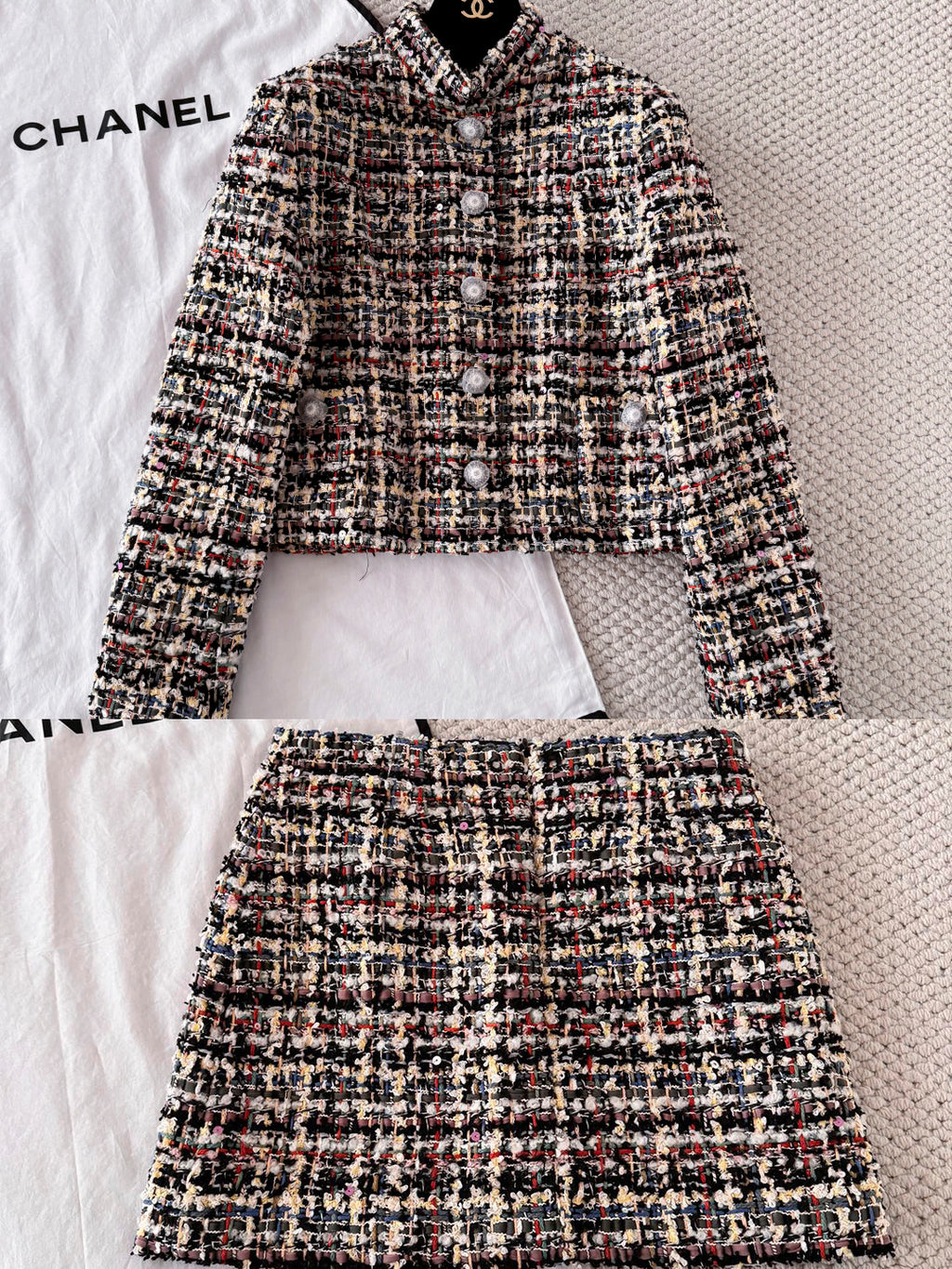 Women's 26SS Round Neck Button-up Tweed Short Coat Jacket Short Skirt Set Suit #194252