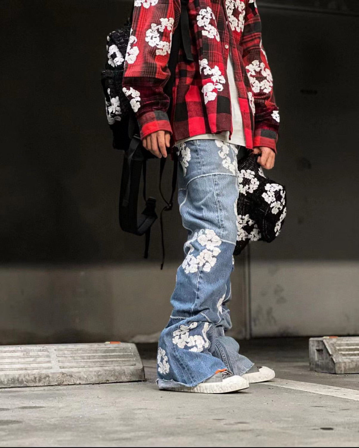 Denim Tears x Readymade Men's Women's Washed And Aged Floral Embroidery Patchwork Fitted Wide Leg Blue Denim Pants Ngvp #8138