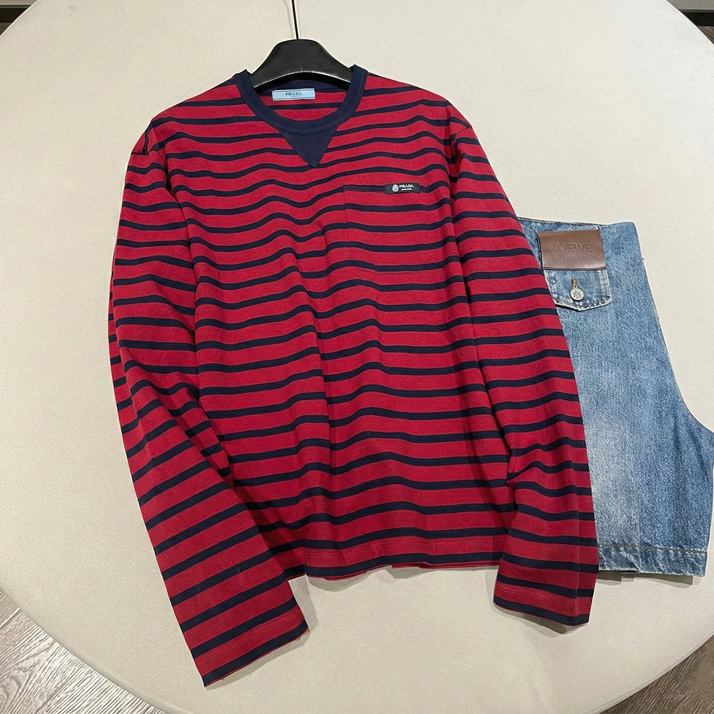 Women's Autumn/Winter 2025 Red and blue stripes Pure cotton long-sleeved T-shirt Sweatshirt #194159