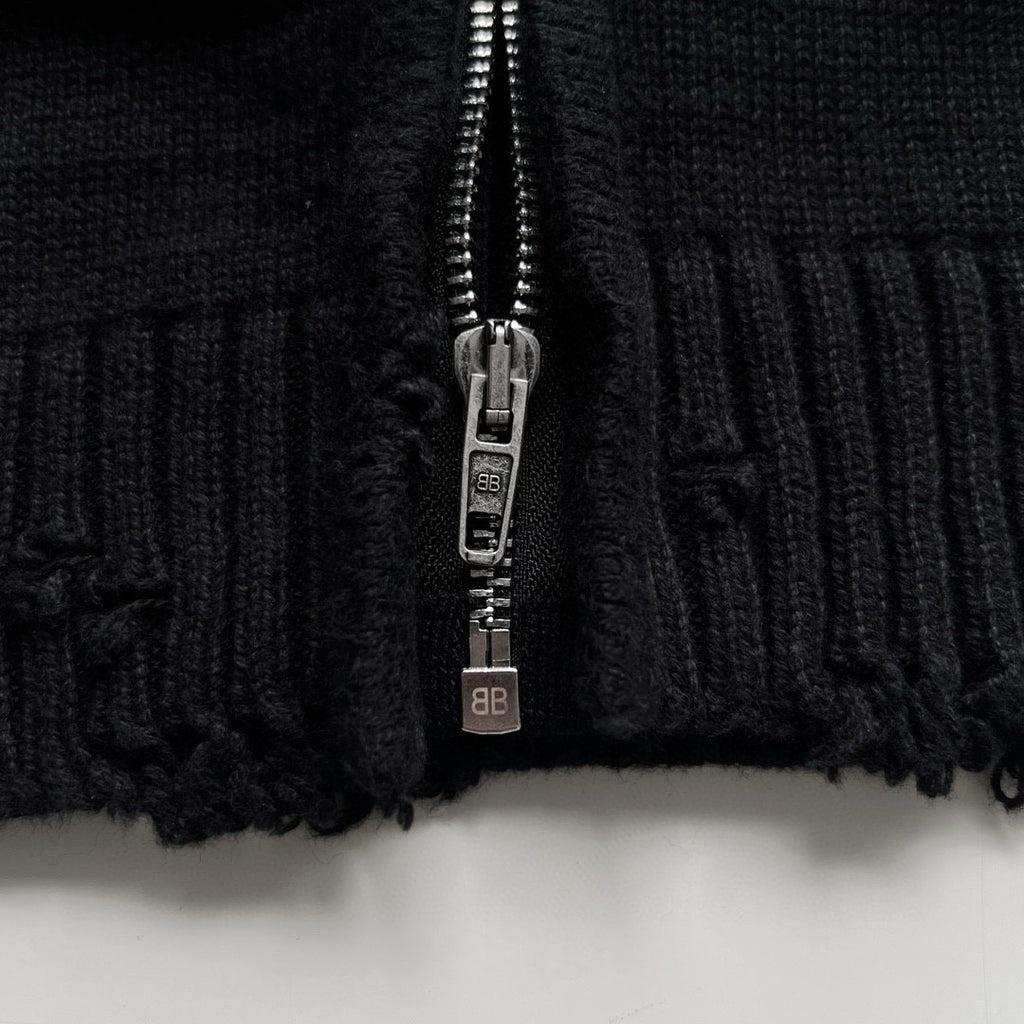 Men's Spring And Autumn Y2K Old High Neck Zipper Pattern Printed Black Long Sleeve Loose Knit Cardigan Jacket Ngvp #9479