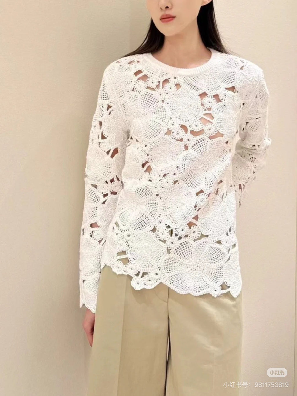 Women's Spring And Winter Knitted Embroidery Hollow Round Neck Cotton Solid Color Long Sleeve Sweater Ngvp #9416