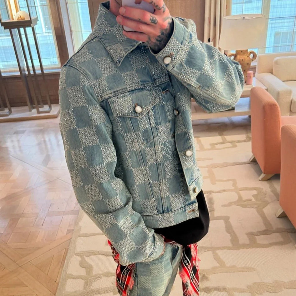 Men's Fall And Winter Mto Embellished Damier Denim Jacket Checkerboard Checkered Jacket With Diamonds Fashionable Versatile Jacket Ngvp #9126