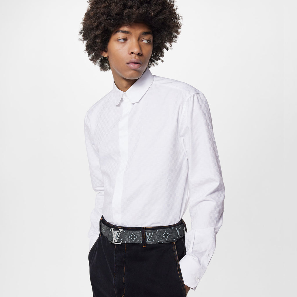 Men's DNA Collar Regular Spring and Autumn White Buttoned Lapel Checkerboard Print Long Sleeve Shirt #98172