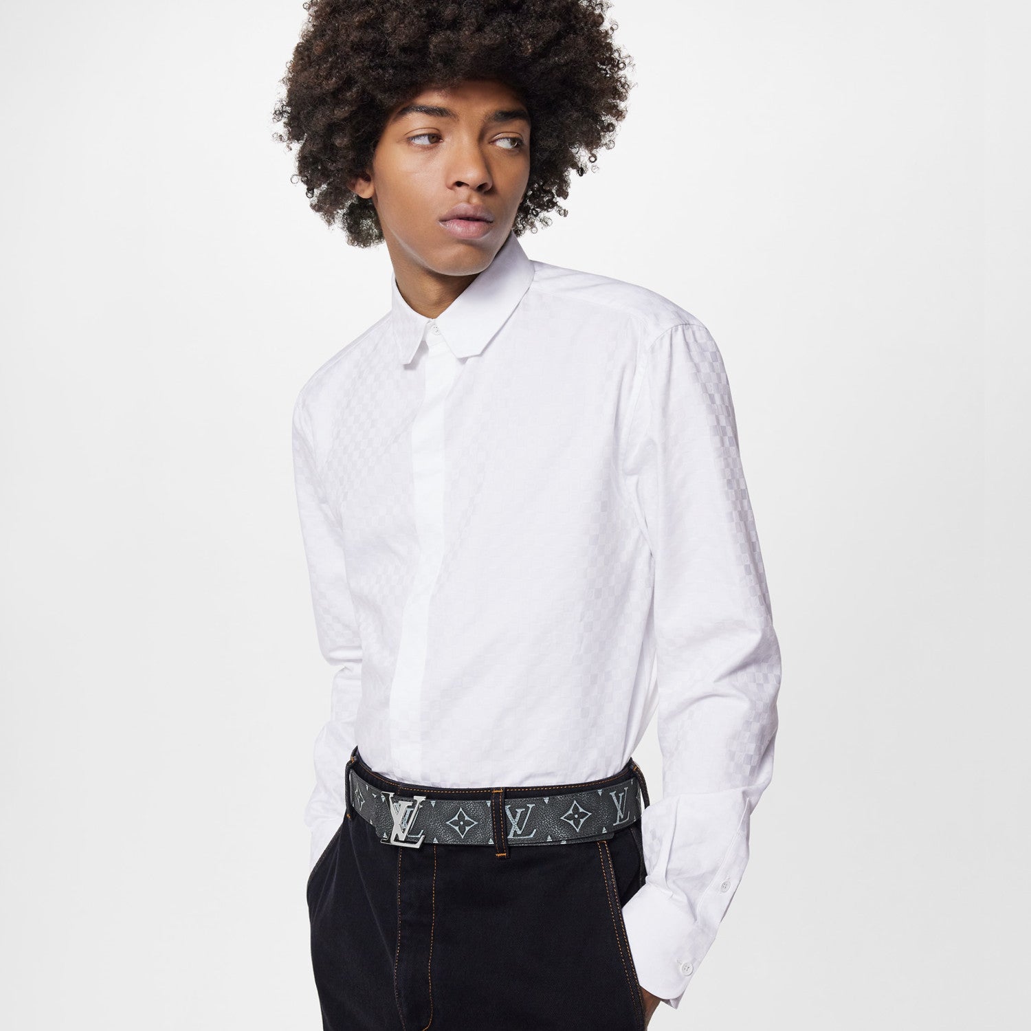 Men's DNA Collar Regular Spring and Autumn White Buttoned Lapel Checkerboard Print Long Sleeve Shirt #98172