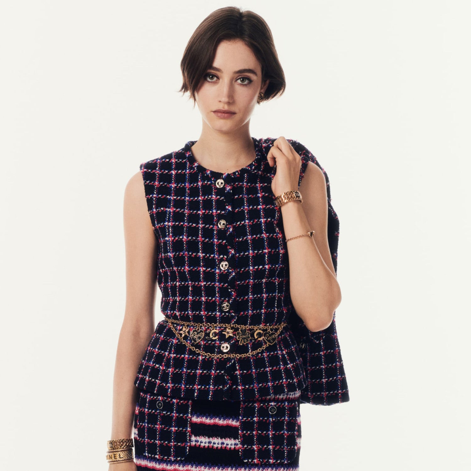 Women's Spring and Autumn Tweed Plaid Colorblocking Silhouette Jacket Button Waist Vest Set Suit Ngvp #8891