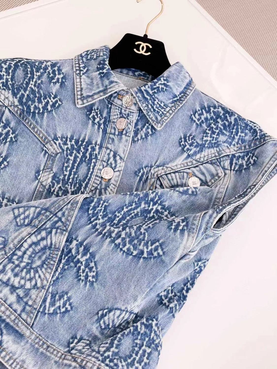 Women's Spring and Autumn Blue Tie-Dye Washed Denim Vest Jacket #72677