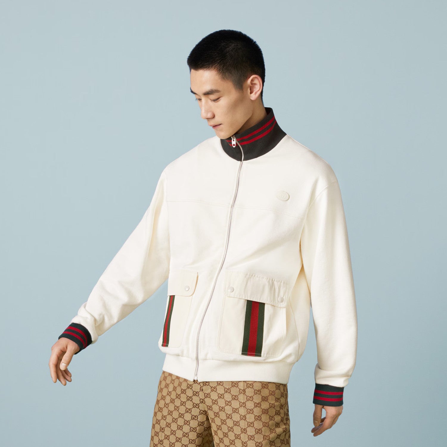 Men's Autumn Striped Standing Collar Zipper Cotton Fitted Long Sleeve Solid Color Jacket #71452