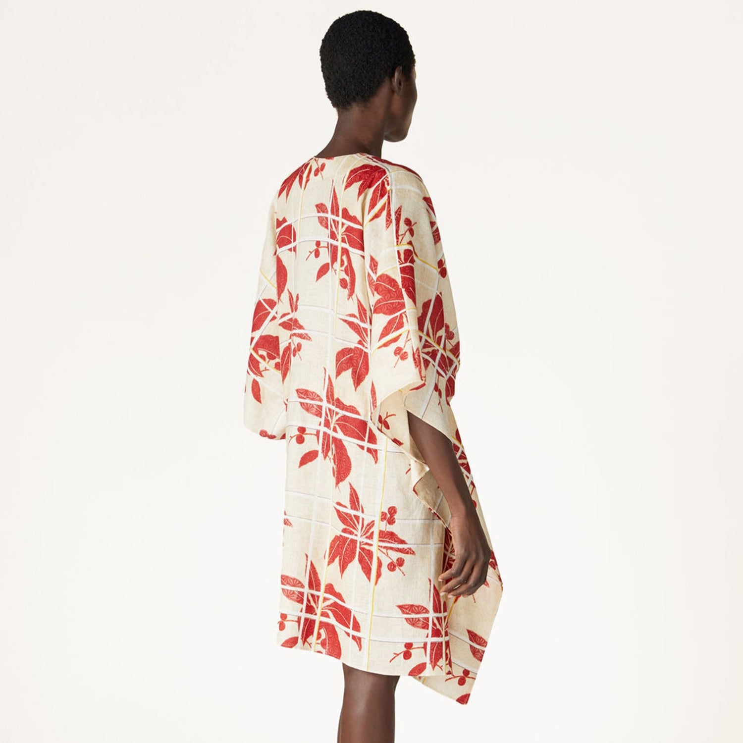 Ichi Women's Printed Linen Dress Elegant Cape Jacket Short Sleeve V-neck Fashion Loose Dresses Ngvp #8771