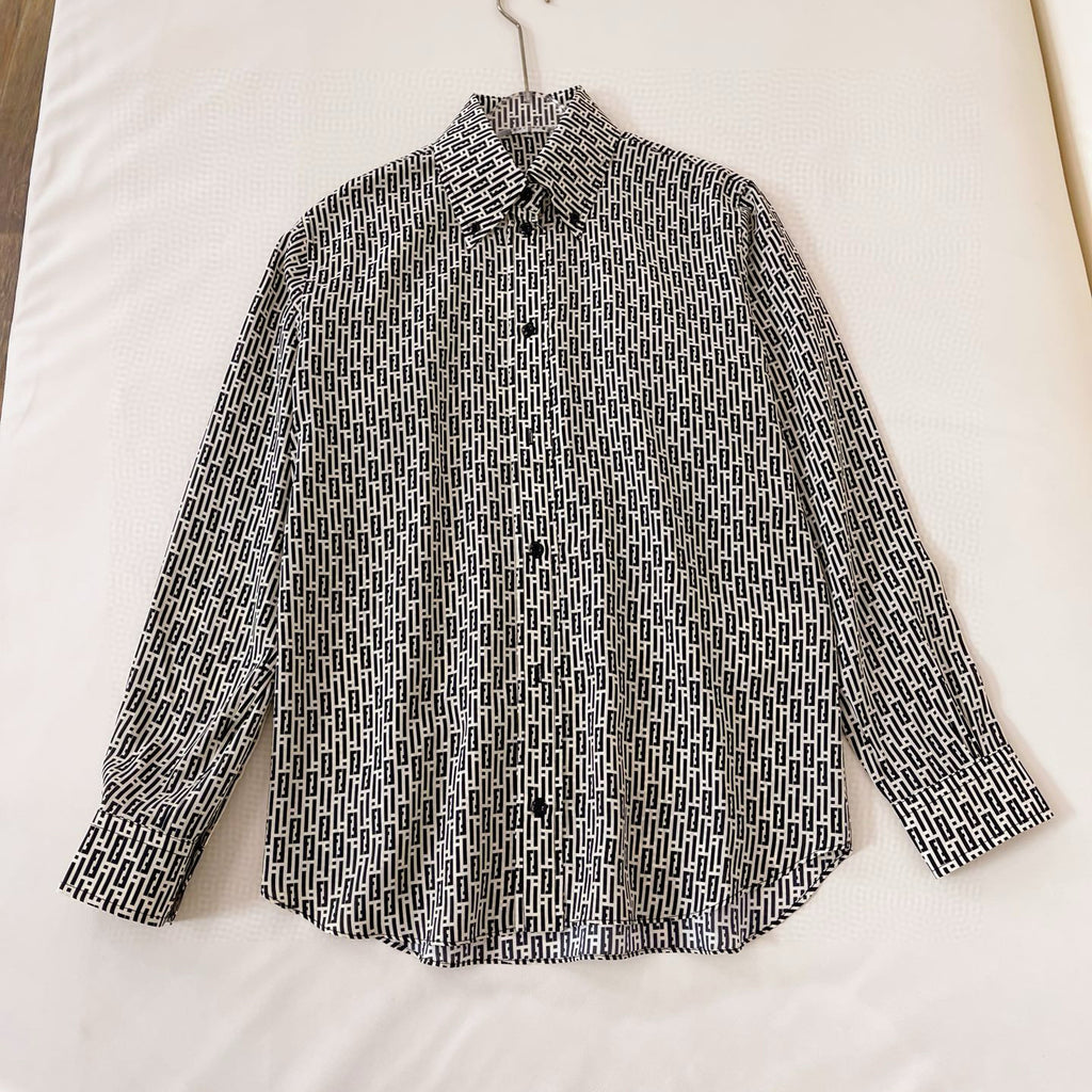 Women's Summer Black and White Geometric Pattern Single Breasted Lapel Long Sleeve Shirt #98776