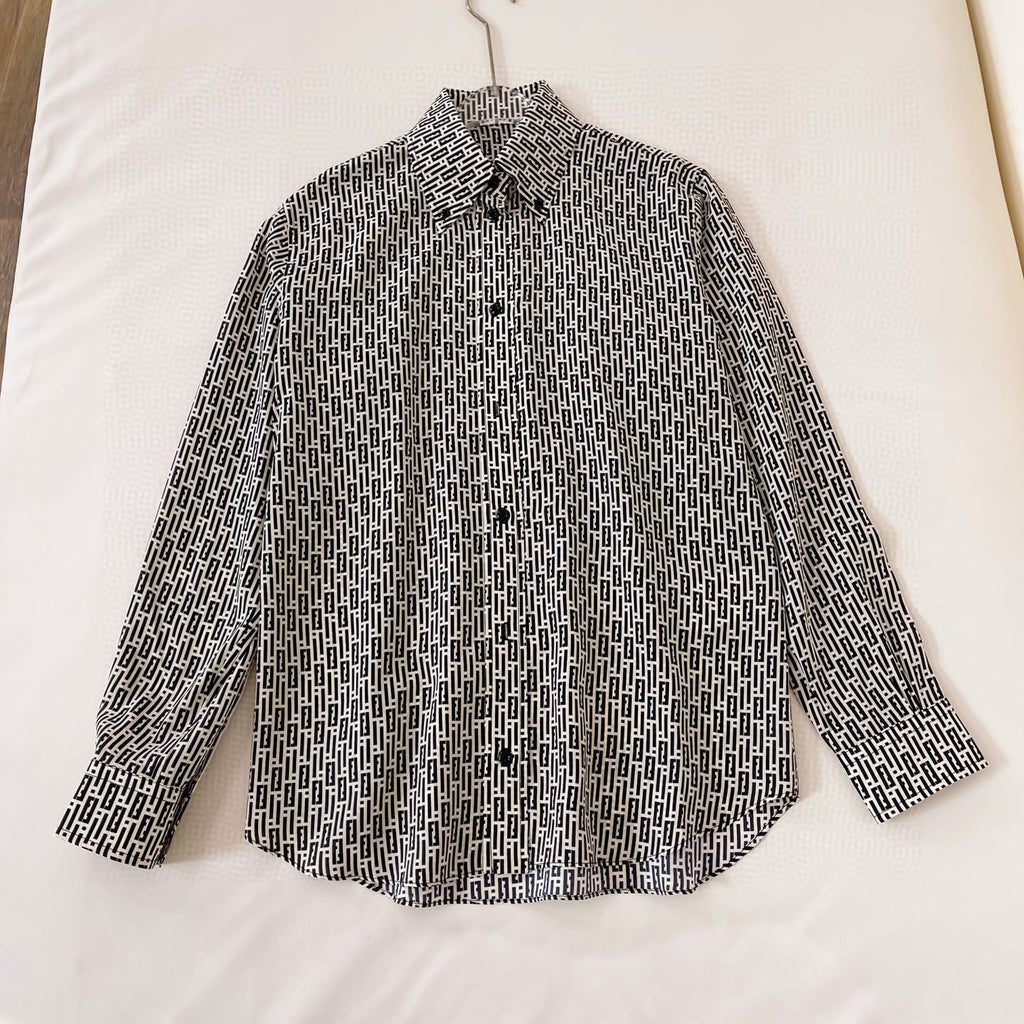 Women's Summer Black and White Geometric Pattern Single Breasted Lapel Long Sleeve Shirt #98776