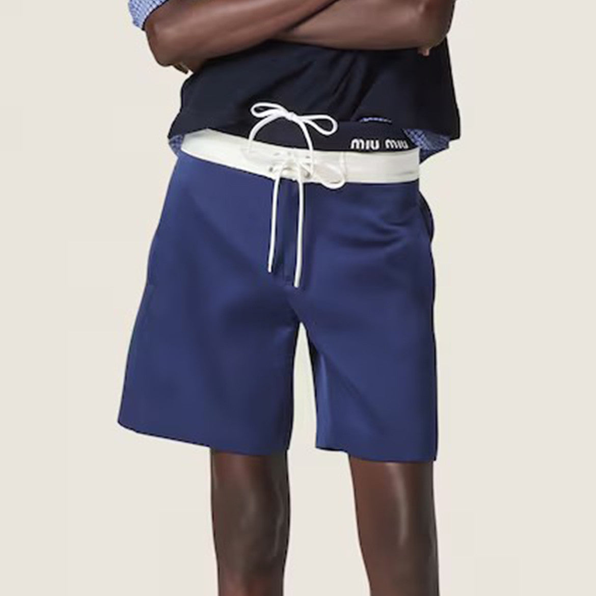 MiuMen's Women's Summer Solid Colour Logo Elastic Drawstring Mid Waist Fitted Satin Bermuda Shorts Ngvp #8171