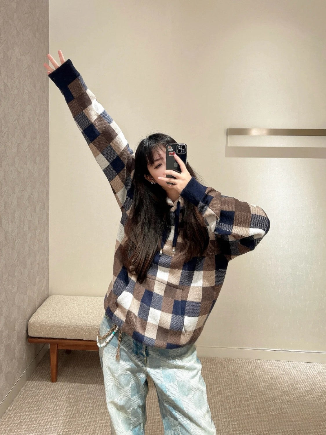 Men's Spring and Autumn Plaid Letter Logo Wool Hooded Long Sleeve Sweatshirt Pullover #72587