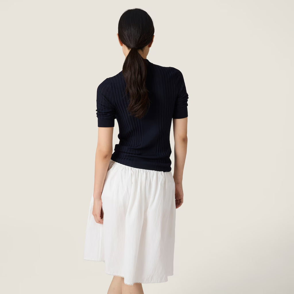 Women's Spring/Summer Ribbed Knit Wool Sweater Black Half-High Neck Short-Sleeve Slim-Fit Knit T-Shirt #194407