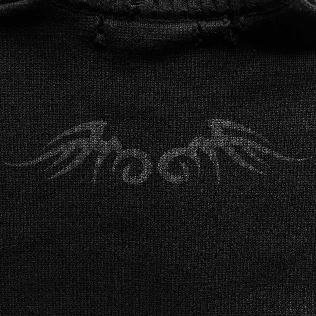 Men's Spring And Autumn Y2K Old High Neck Zipper Pattern Printed Black Long Sleeve Loose Knit Cardigan Jacket Ngvp #9479