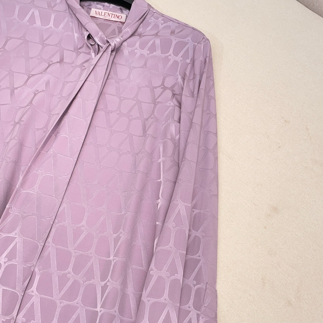 Women's Summer Dark Print Silk Fabric Tie Long Sleeve Shirt #72554