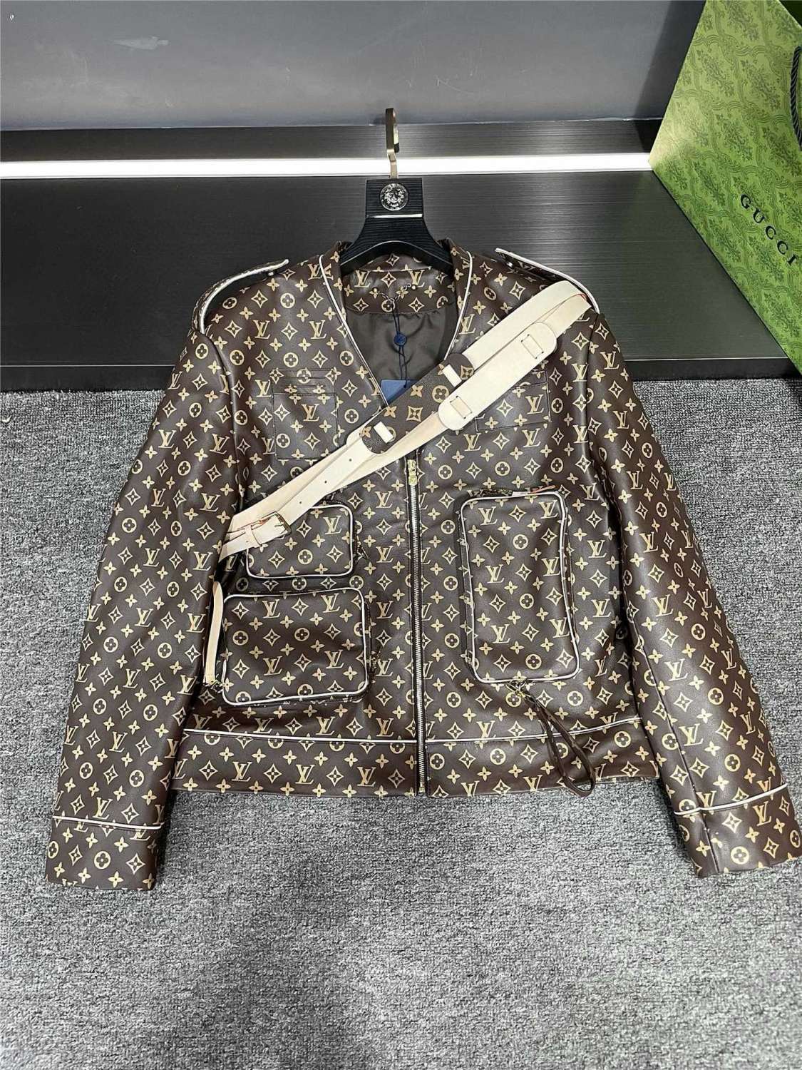 2025 FallWinter Men's Classic Monogram Tactical Leather Jacket with Three Detachable Straps #83127A