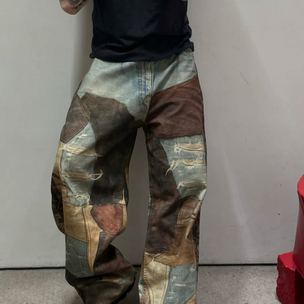 Men's Four Seasons Vintage Mud Dye Spliced Printed Loose Cotton Mid Waist Wide Leg Denim Pants Ngvp #8369