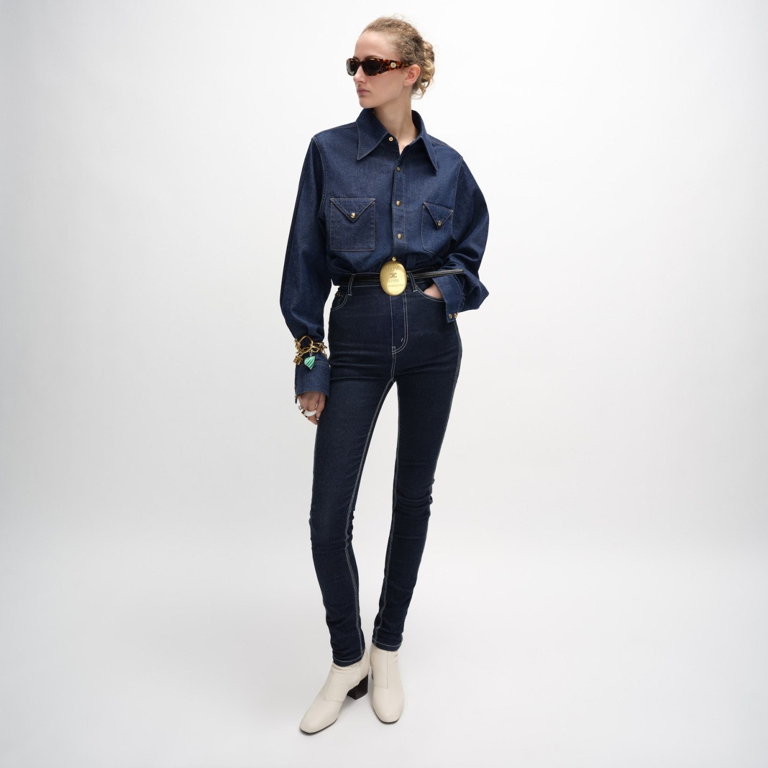 Women's Spring/summer Dark-wash Denim Shirt With Pocket Design Collar Long Sleeves Single-button Front - Fashionable And Elegant Shirt #194478