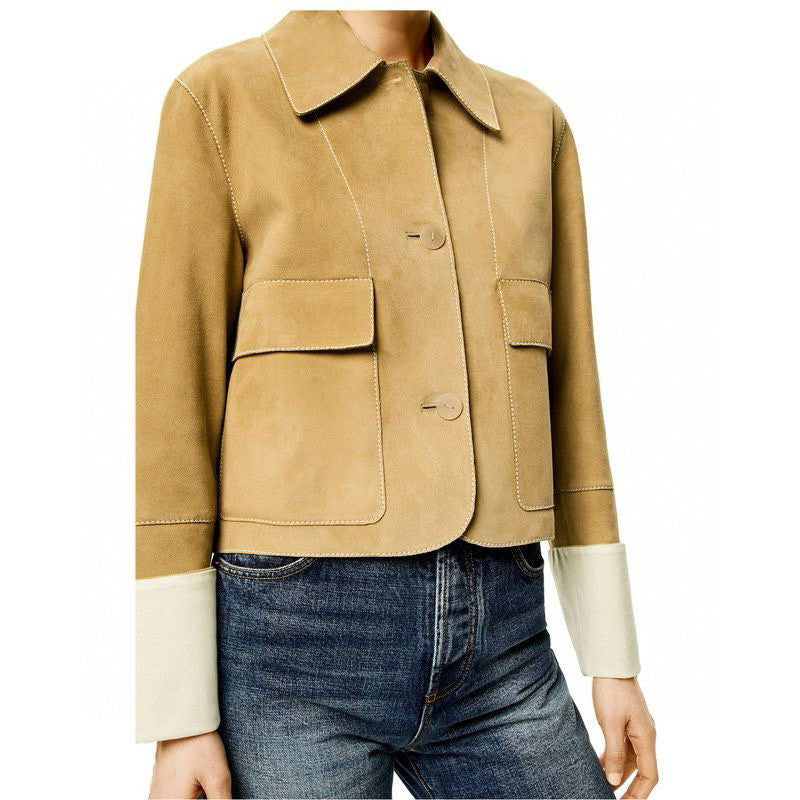 Women's Spring And Autumn Fashion Suede Sheepskin Single Breasted Short Long Sleeved Solid Color Coat #7983