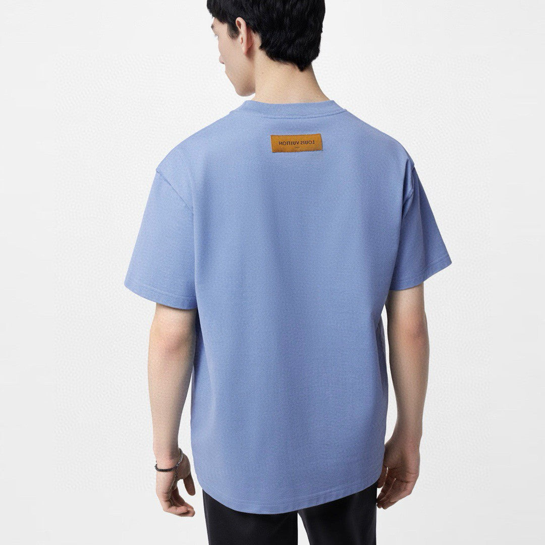 Men's And Women's Blue Embossed Logo Loose Round Neck Short Sleeve T-shirt #98495