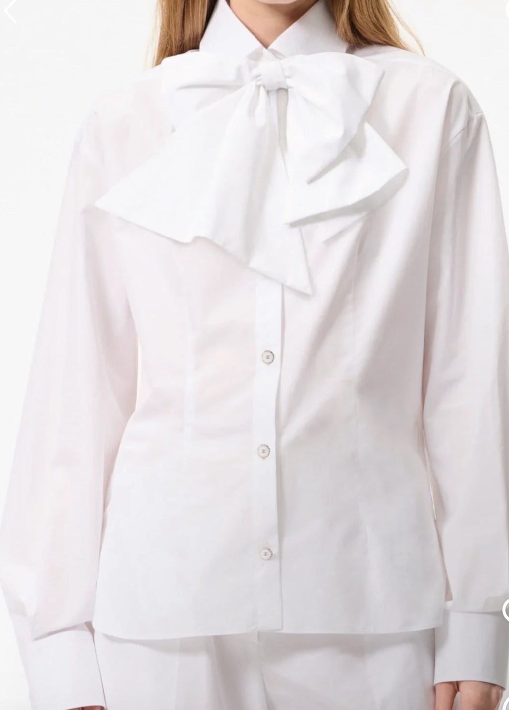 Women's Spring/Summer White Bow Cotton Collar Shirt Understated Luxury. Elegant and Refined Button-Up Long Sleeve Shirt  #194474