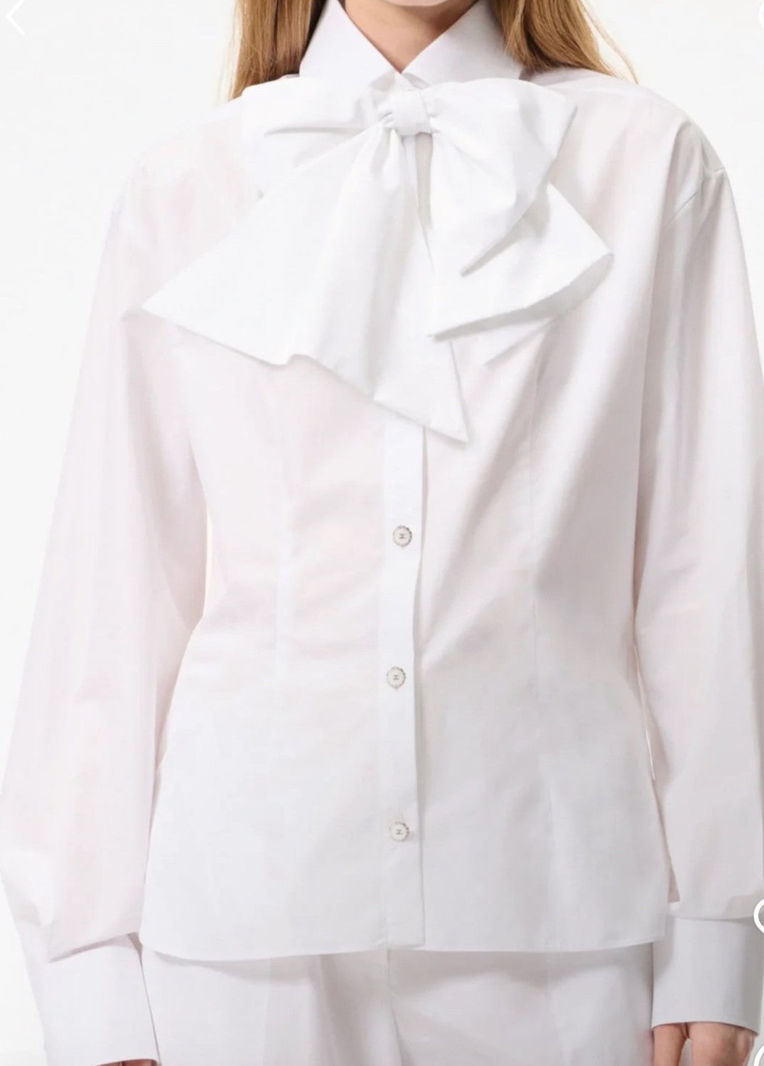 Women's Spring/Summer White Bow Cotton Collar Shirt Understated Luxury. Elegant and Refined Button-Up Long Sleeve Shirt  #194474