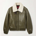 2025 FallWinter New Men's White Lambswool Collar Green Sheepskin Logo Embossed Fashion Jacket #83128A