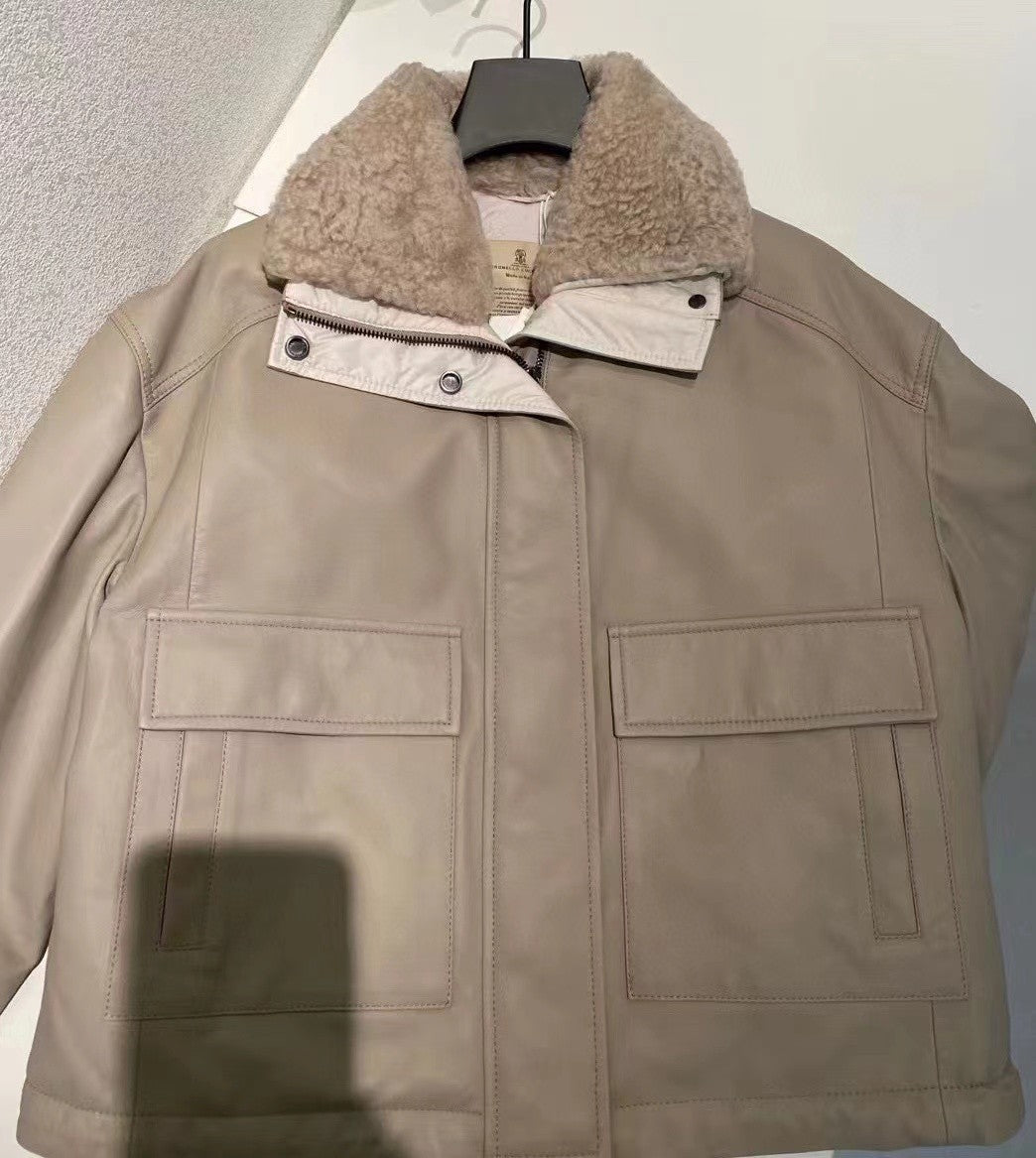 Women's Winter Beige Fur Collar Silhouette Soft Napa Lambskin Long Sleeve Leather Jacket #98471