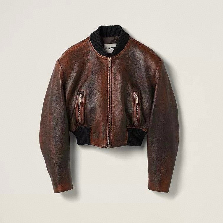 Women's Spring. Autumn And Winter Solid Color Retro Baseball Collar Zipper Short Loose Long-Sleeved Sheepskin Jacket Coat Ngvp #8493