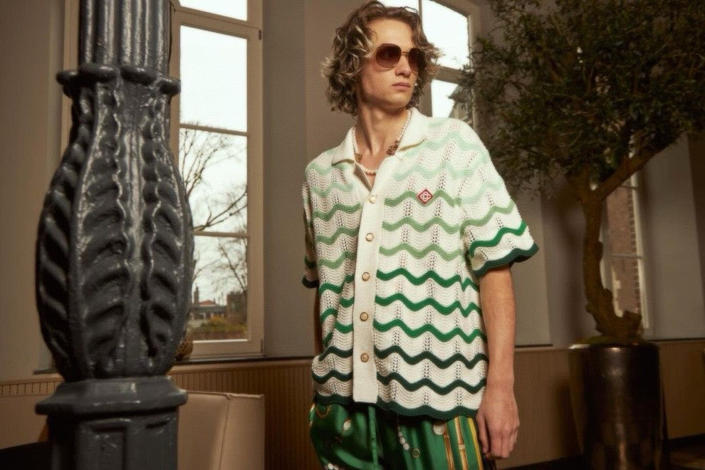 Men's Summer Wave Stripe Single Breasted Knit Short Sleeve Shirt Cotton Shorts Pants Suit Set #98831