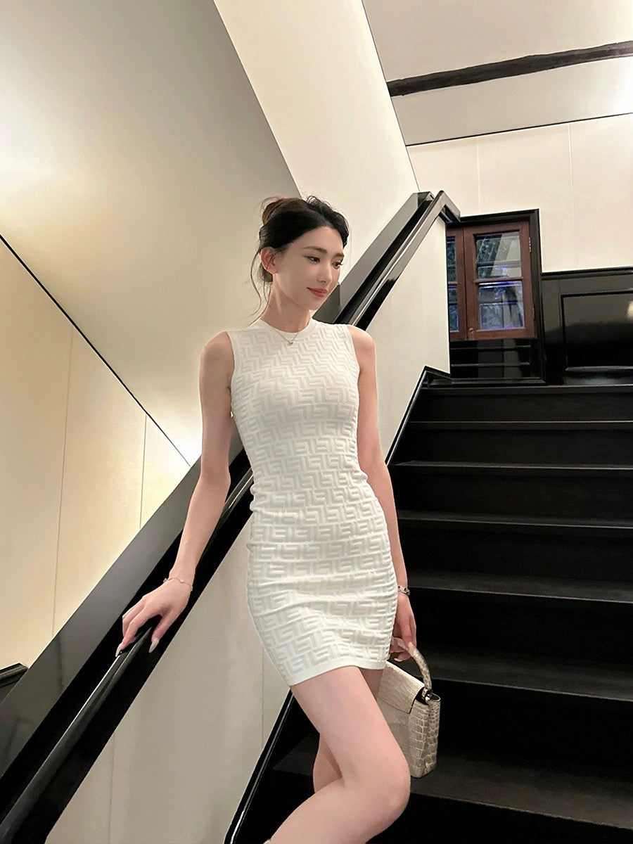Women's Spring/Summer Solid Color Monogram Printed Round Neck Knit Sleeveless Dresses #72621