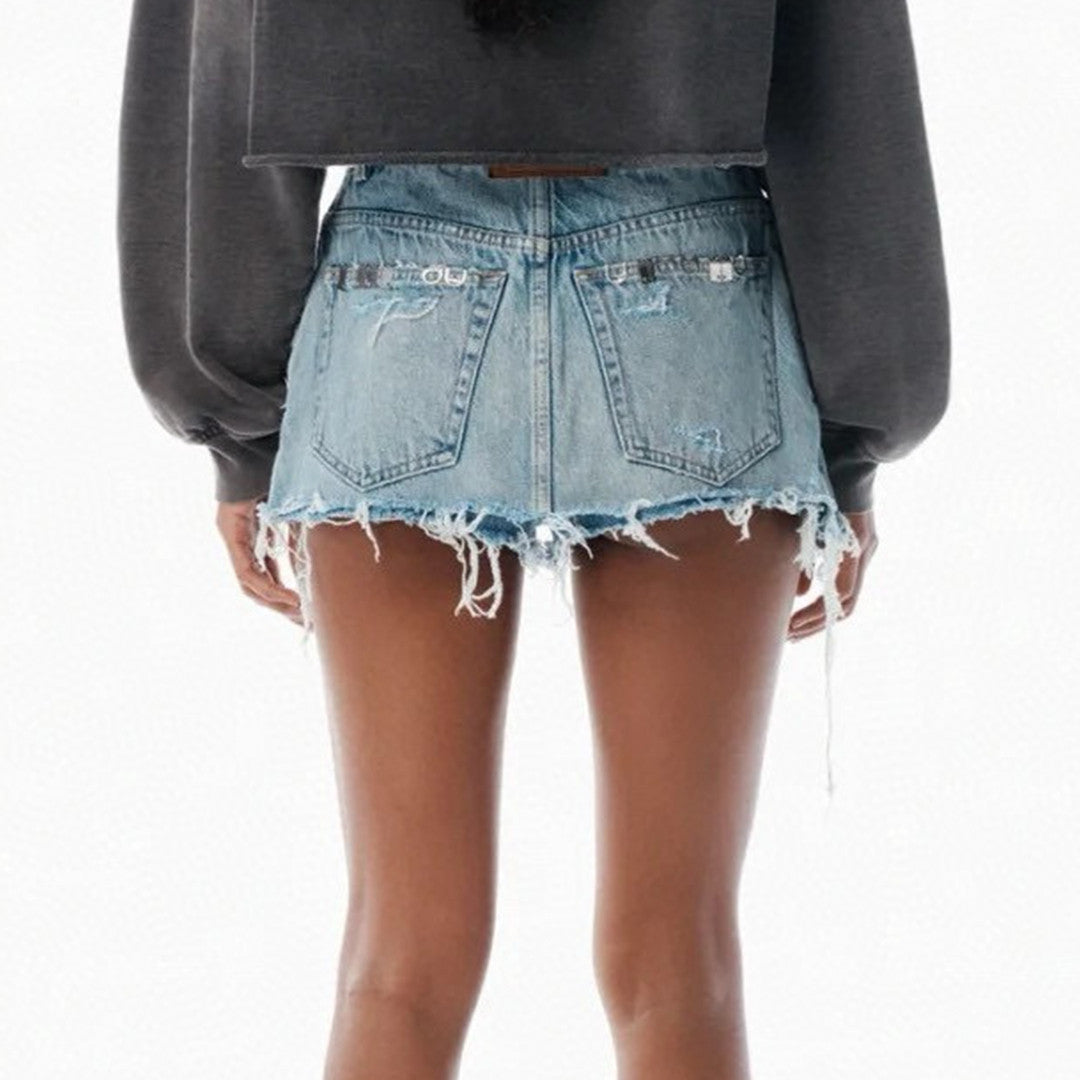 Women's Spring/summer Metal Accessories Double-layer Skirt Jeans Shorts Fashionable Casual Light Blue Denim Shorts Pants Ngvp #1998