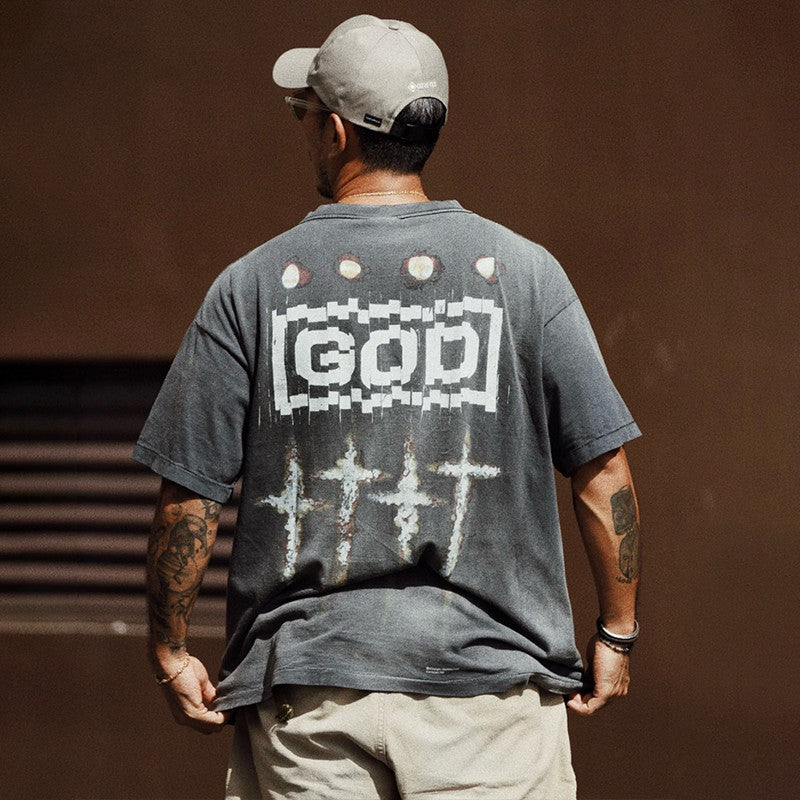 Saint Michael Men's Spring And Summer Solid Color Printing Letters Old Vintage T-shirt Casual Fashion Short Sleeve Ngvp #7835