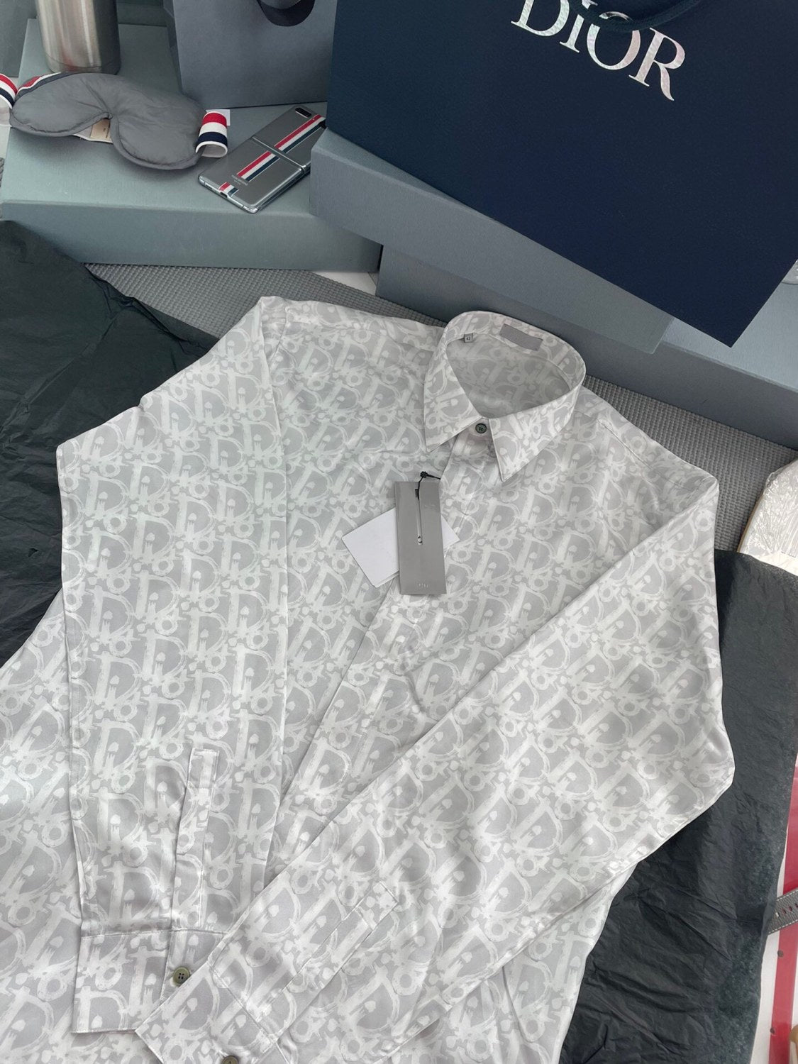 Men's Spring And Summer Fashion Temperament Logo Printed Silk Shirt Comfortable Single-breasted Shirt #98722