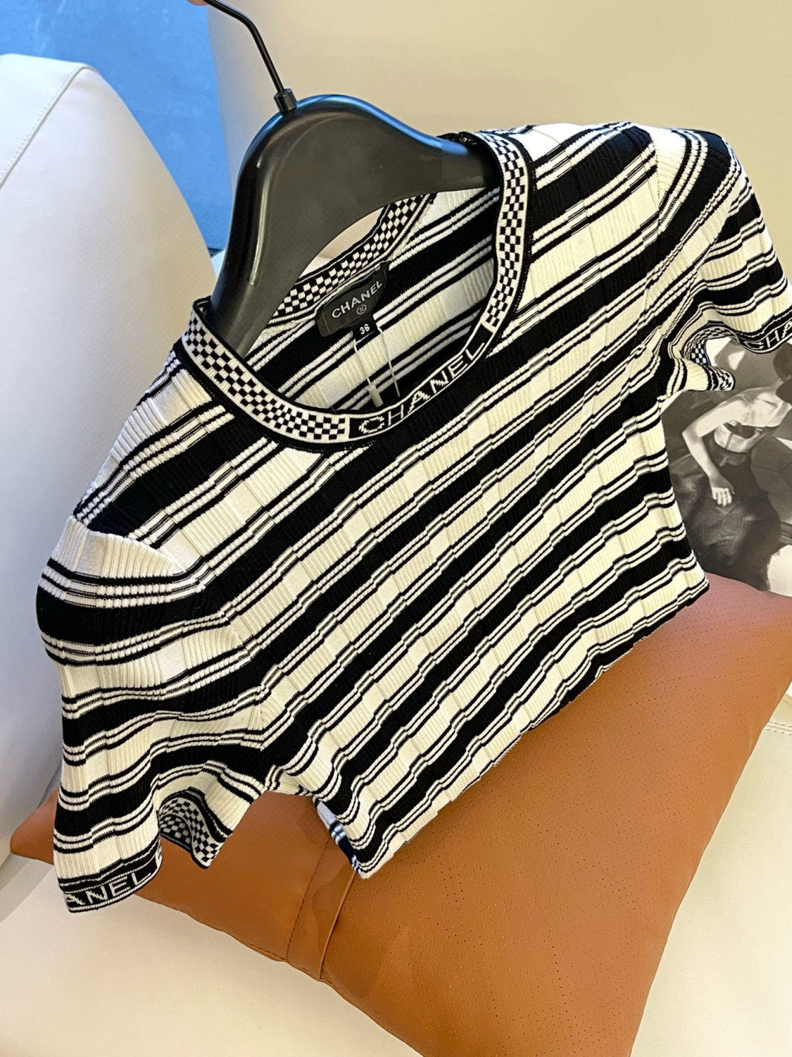 Women's Summer Black and White Striped Crew Neck Knit Short Sleeve Sweater Top #75878