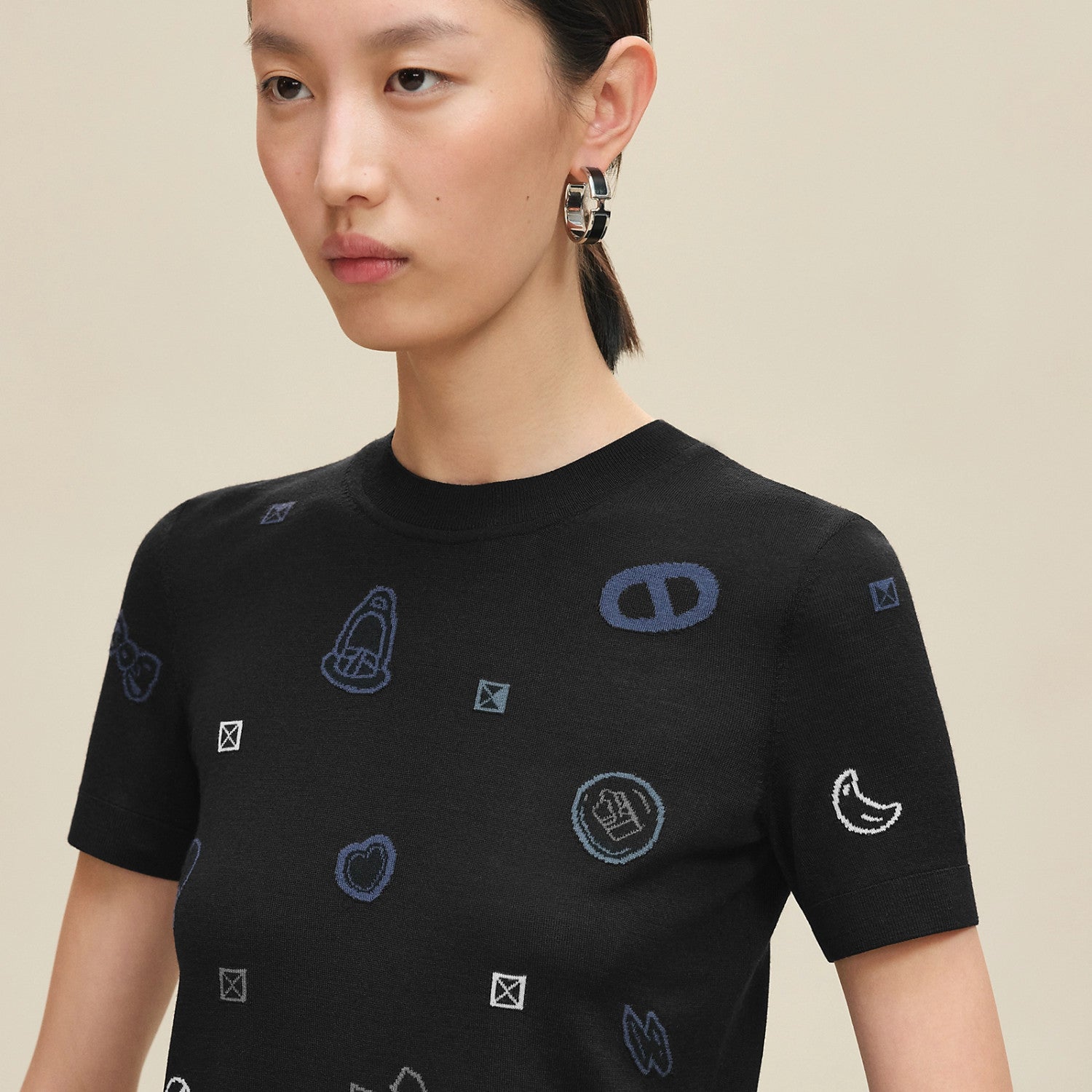 Women's Floral Jacquard Colorful Summer Round Neck Stretch Knitted Wool Blend Short Sleeve Top Sweater Ngvp #2135