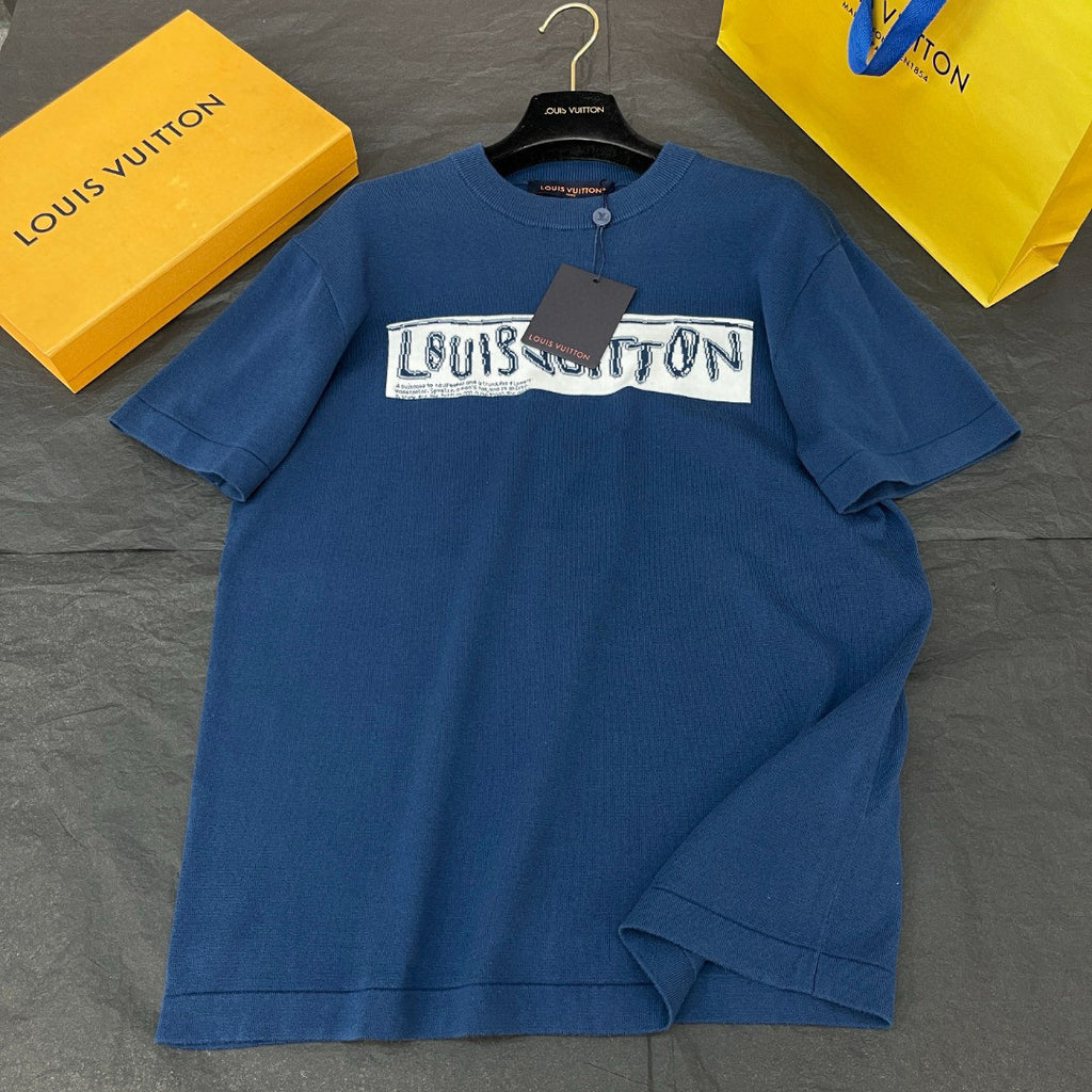 Men's Summer Blue Letter Printed Straight Round Neck Cotton Short Sleeve T-Shirt #98444