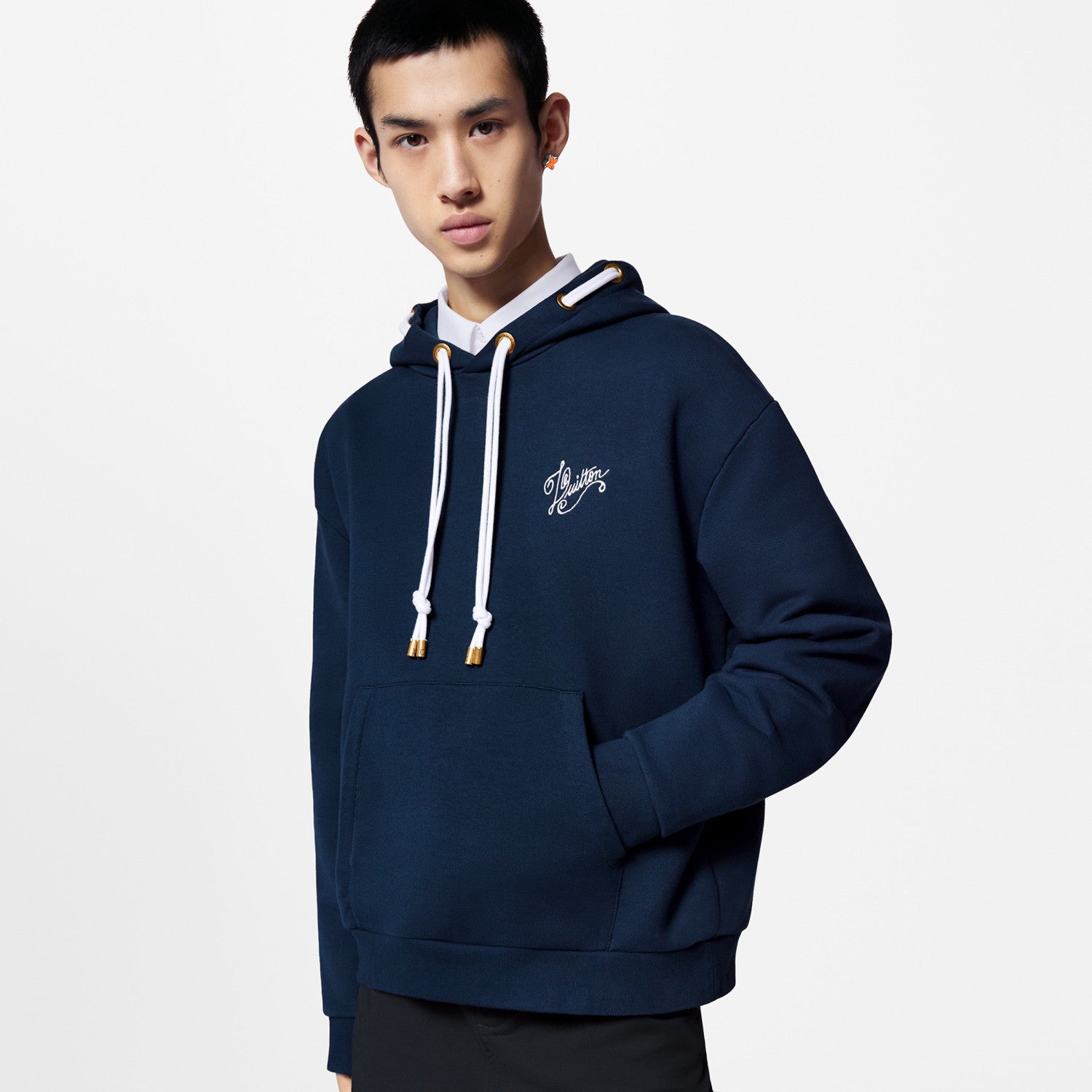 Men's Blue Rope Knot Embroidered Logo Pattern Casual Drawstring Hooded Sweatshirt #99717