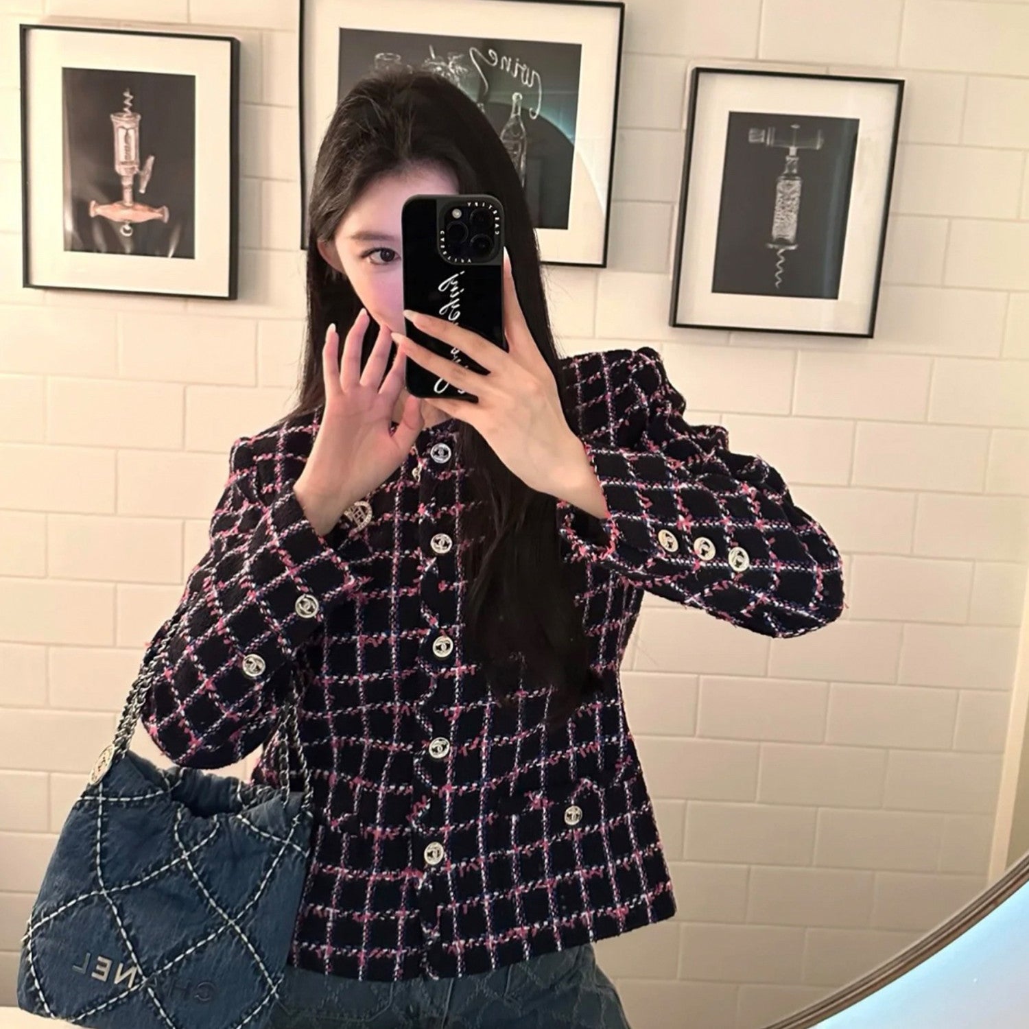 Women's Spring and Autumn Tweed Plaid Colorblocking Silhouette Jacket Button Waist Vest Set Suit Ngvp #8891