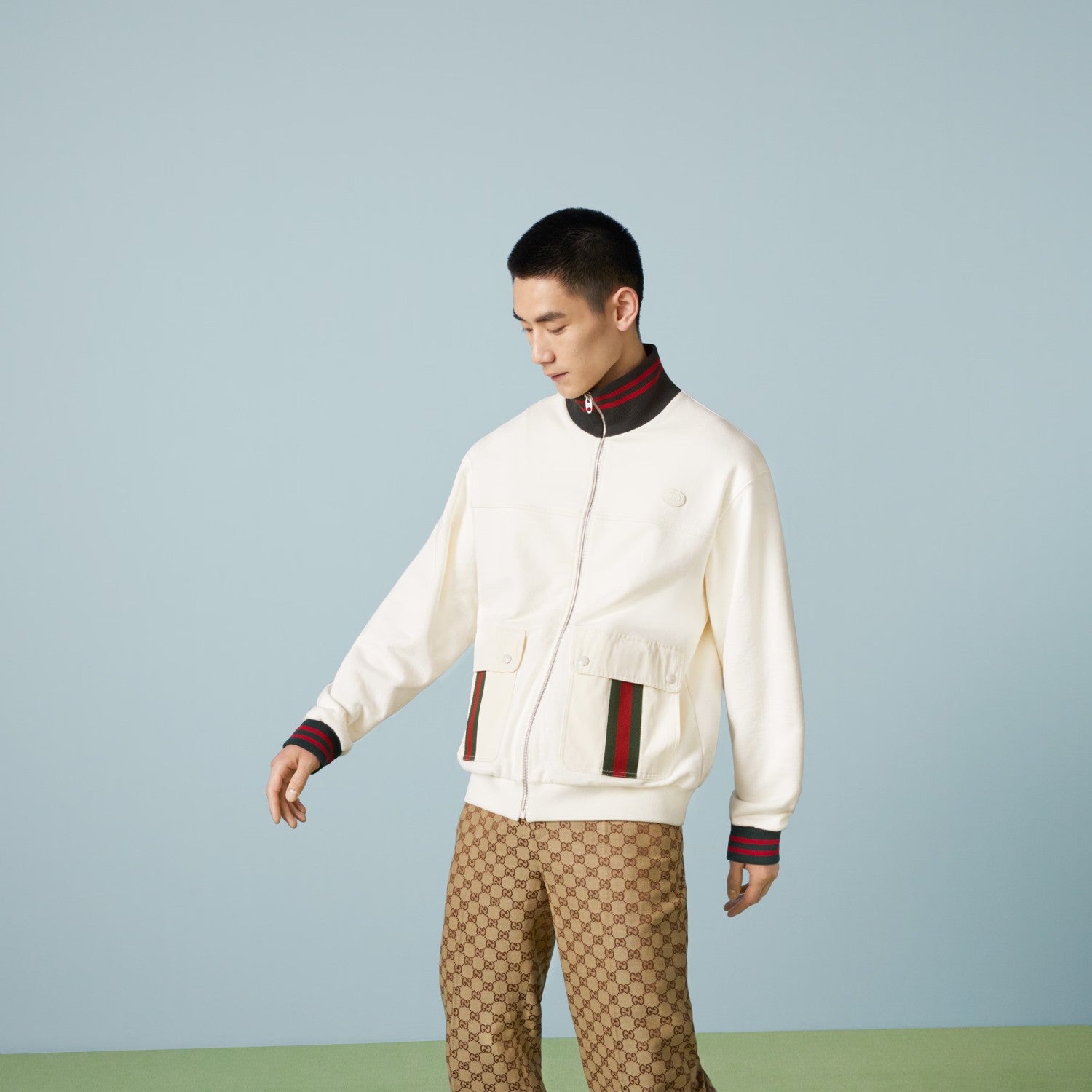 Men's Autumn Striped Standing Collar Zipper Cotton Fitted Long Sleeve Solid Color Jacket #71452