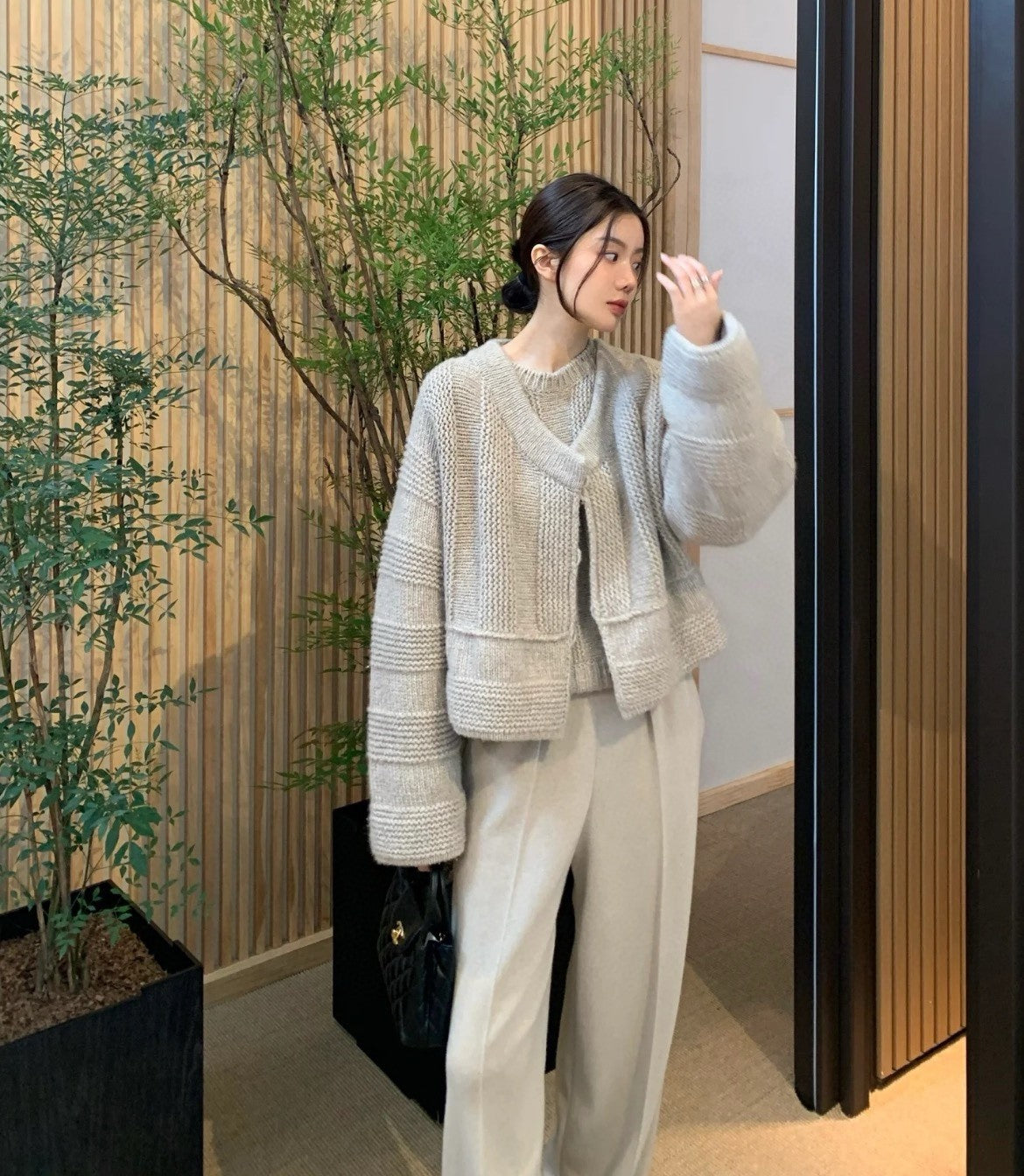 Women's Spring And Autumn V-Neck Solid Color Oblique Placket Cashmere Single-Breasted Long-Sleeved Casual Sweater Ngvp #9358