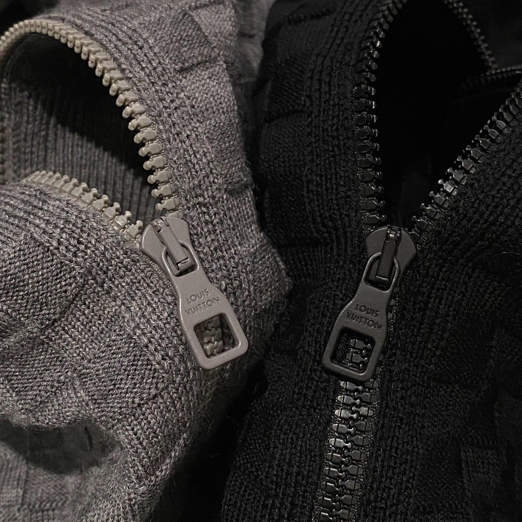 Men's Autumn And Winter Solid Color DAMIER Plaid Knit Zipper Standing Collar Wool Cardigan Long Sleeve Jacket Ngvp #9382