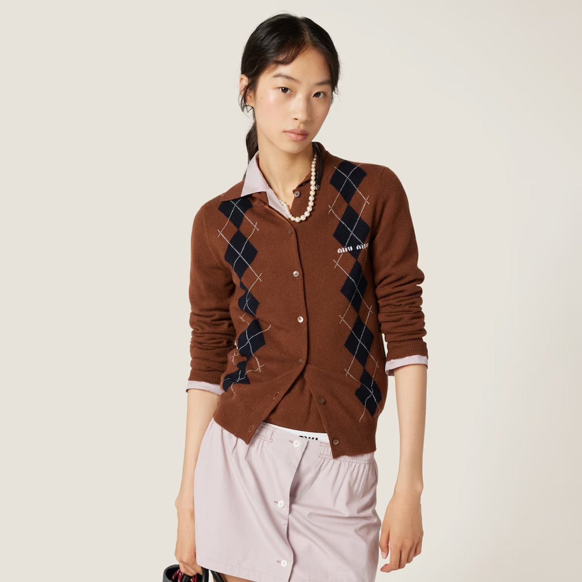 Women's Vintage High-Street Logo Print Diamond Pattern Crew Neck Single-Button Solid Color Spring/Fall/Winter Long-Sleeve Cashmere Knit Cardigan #81539