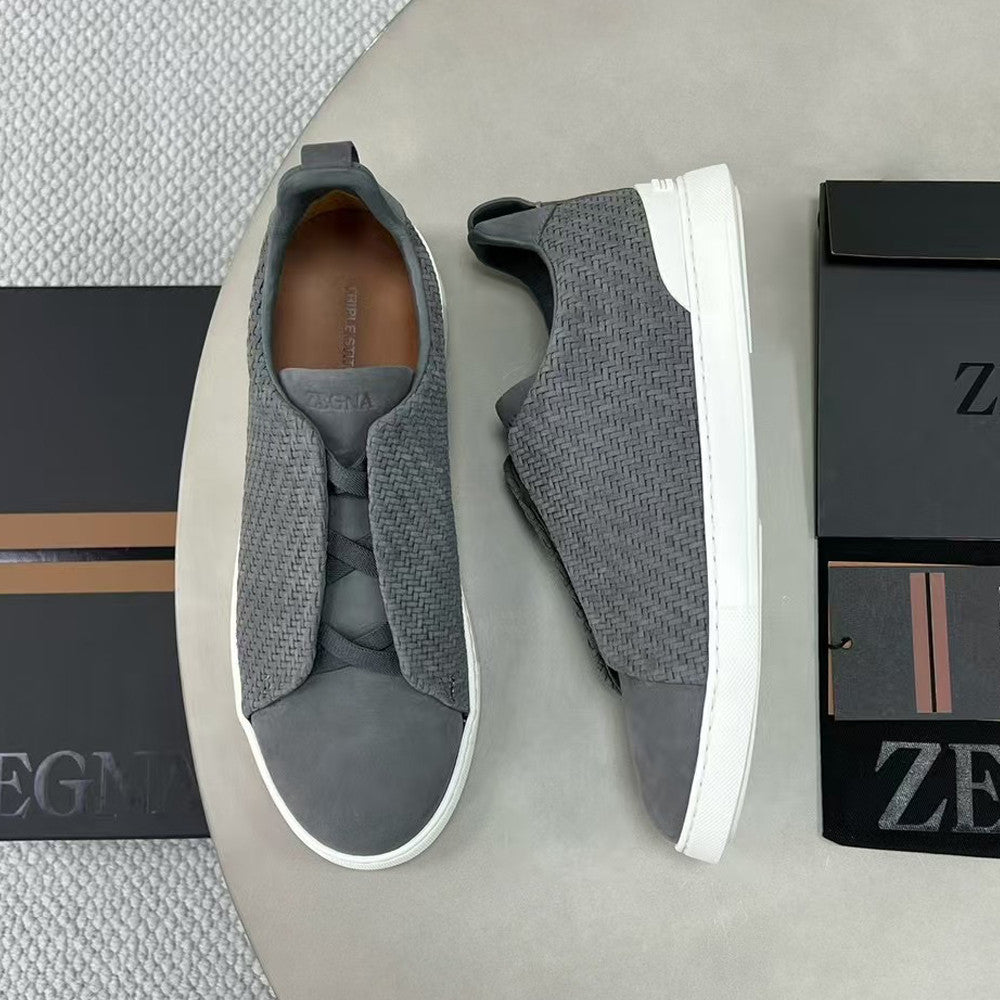 Ermenegildo Zegna Stitch Men's Solid Color Round Toe Slip-On Woven Leather Casual Skate Shoes #77926