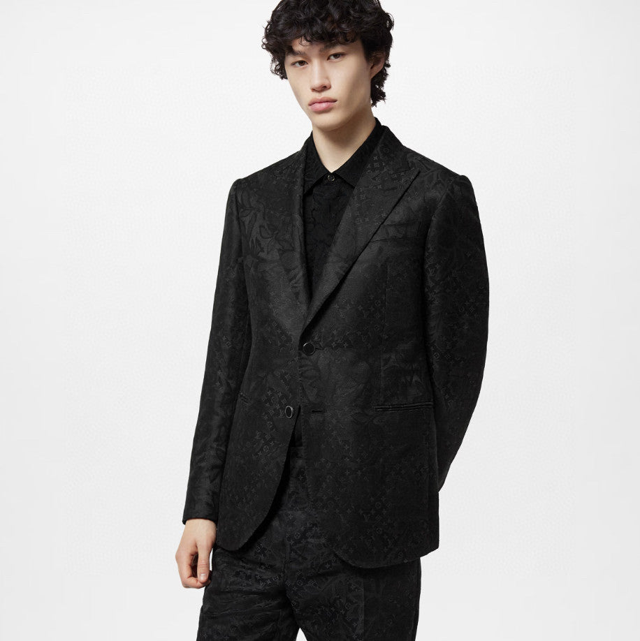 Men's Black Full Logo Printed Single Breasted Cotton Long Sleeve Jacket Coat Blazer Pants Suit Set #98784