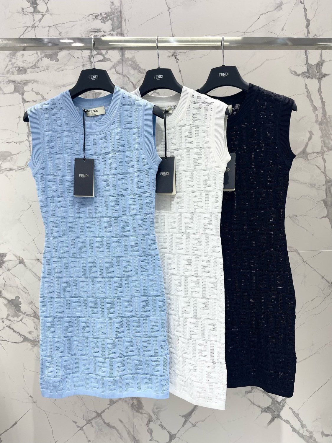 Women's Spring/Summer Solid Color Monogram Printed Round Neck Knit Sleeveless Dresses #72621