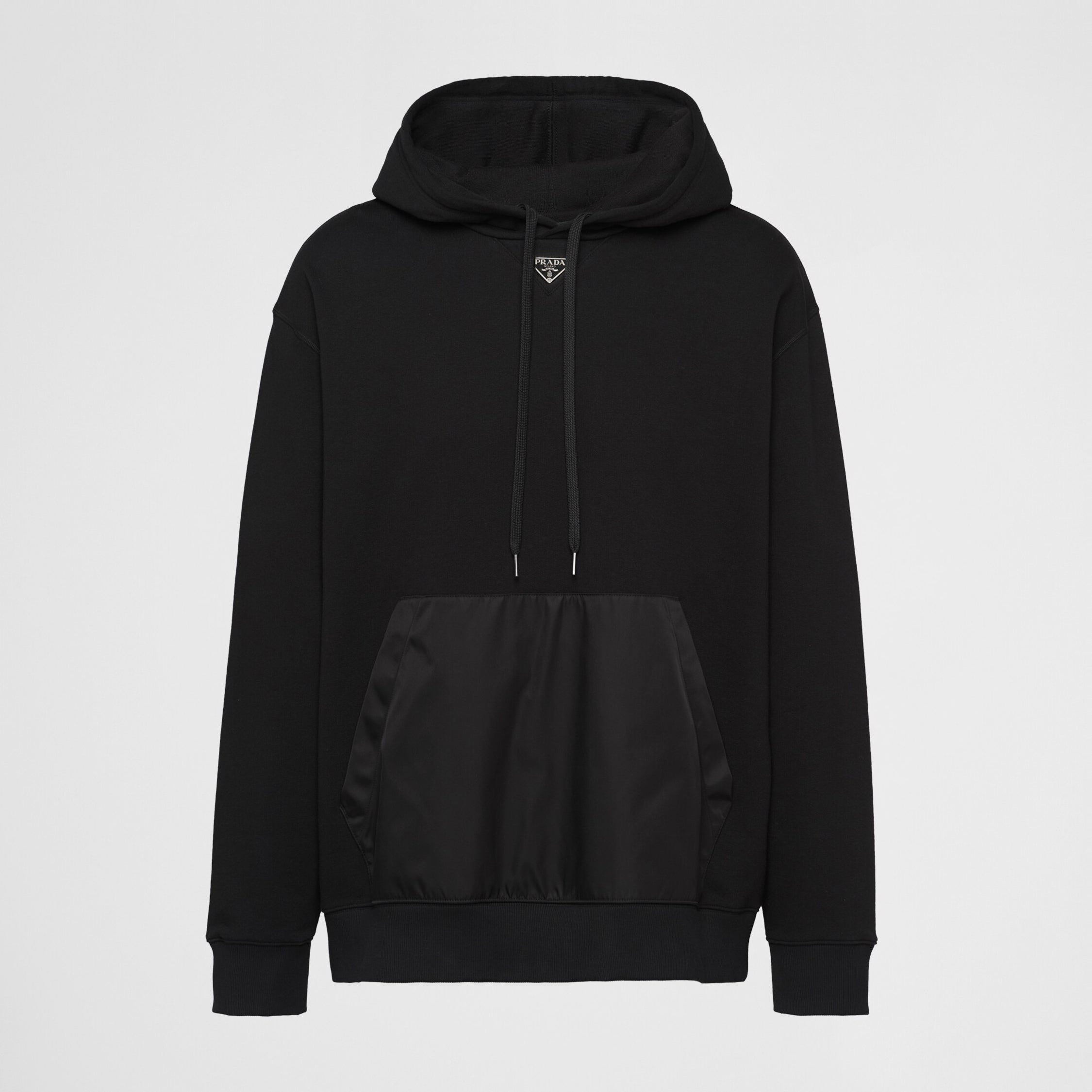 Men's Spring and Fall Triangle Metal Label Black Cotton Hooded Drawstring Loose Sweatshirt Pullover #72668