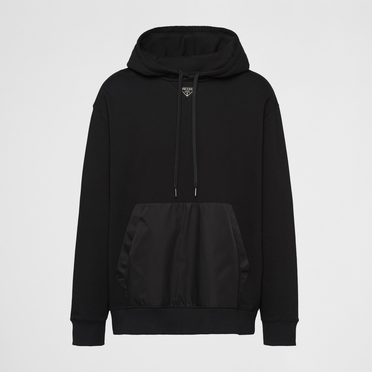 Men's Spring and Fall Triangle Metal Label Black Cotton Hooded Drawstring Loose Sweatshirt Pullover #72668